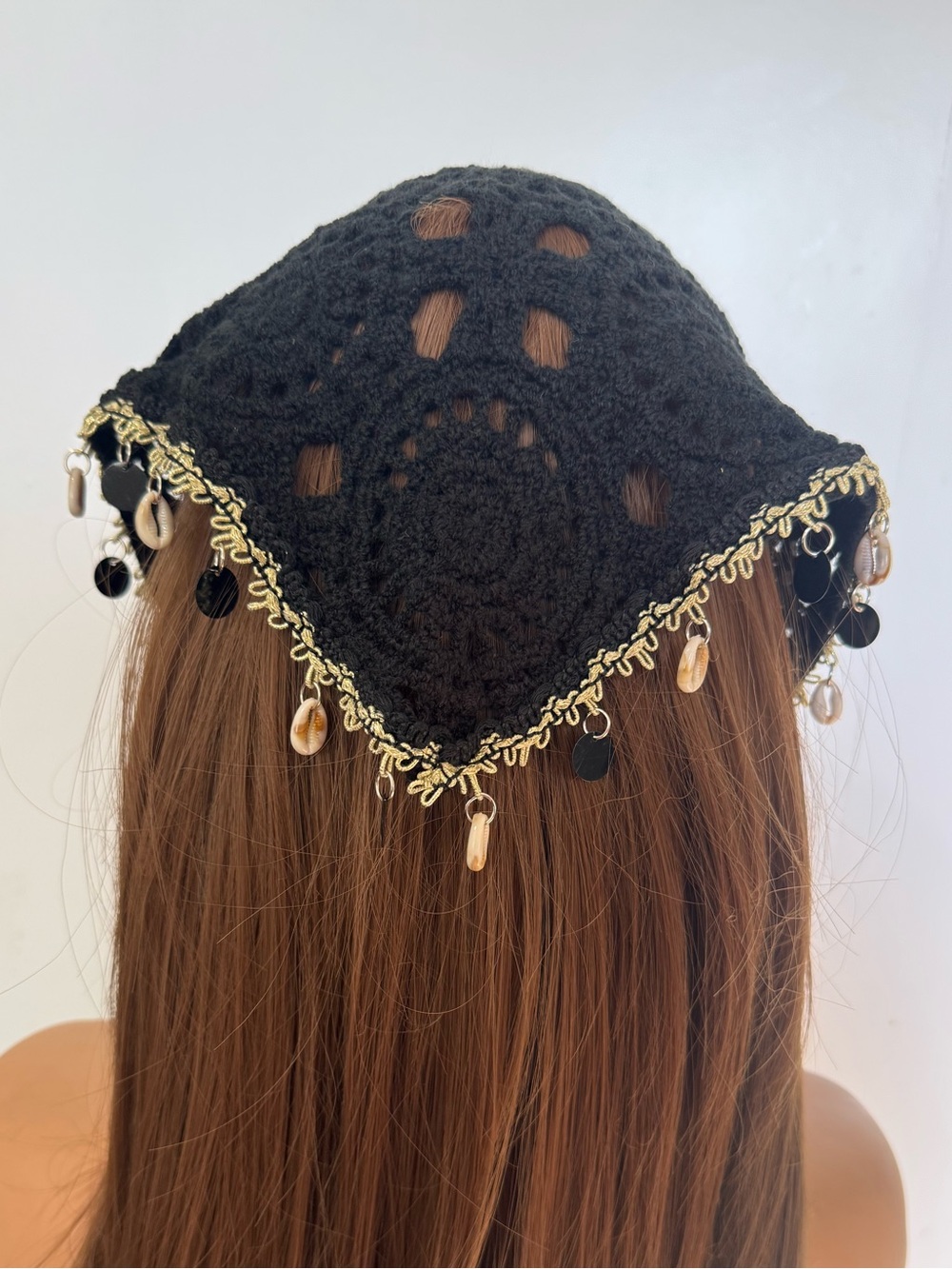 Boho Black Crochet Triangle Head Scarf Shell Charm Trim Beach Festival Bandana - Picture 7 of 9